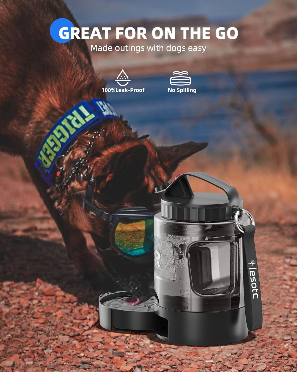 Purrfect Pet Kingdom Lassot black portable dog water bottle with a pull-out bowl and large capacity grey body.