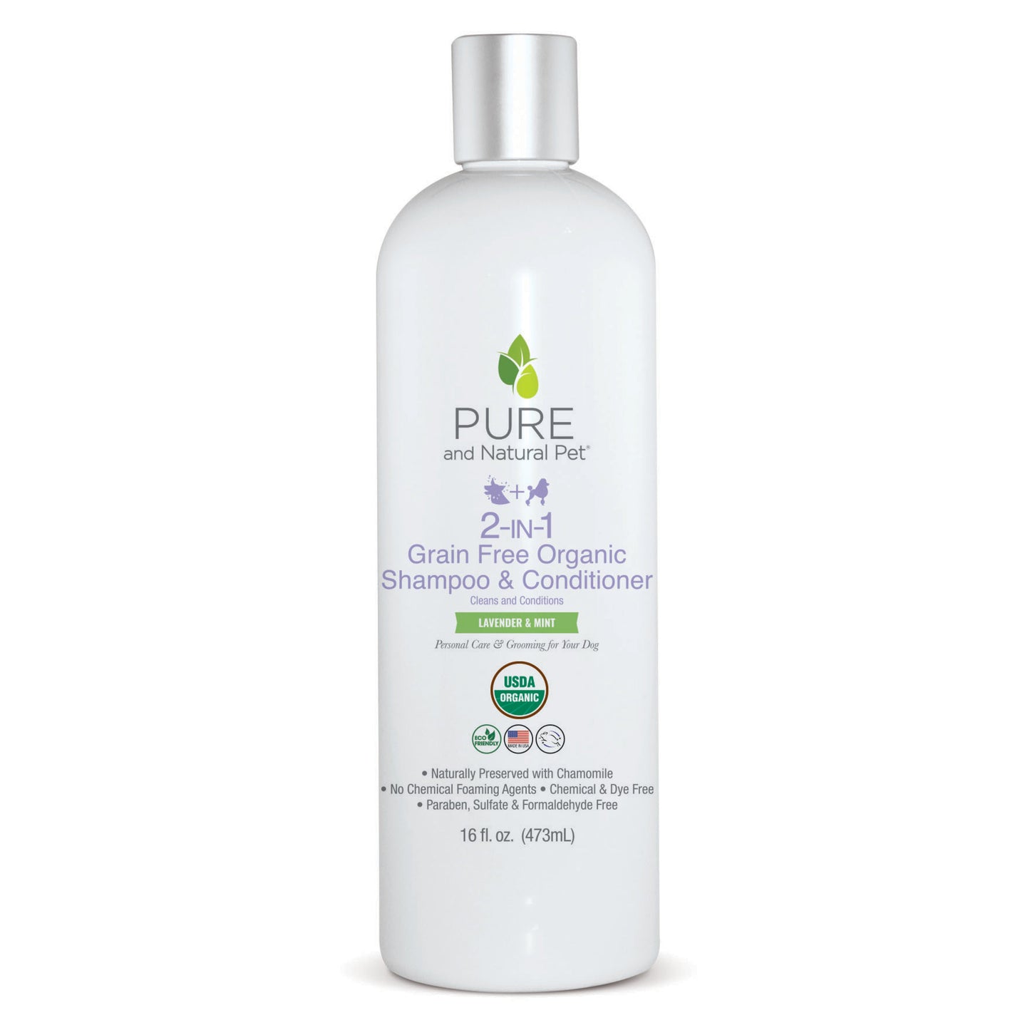 16oz white bottle of Purrfect Pet Kingdom Organic Lavender Mint 2-in-1 Dog Shampoo & Conditioner with a silver cap.