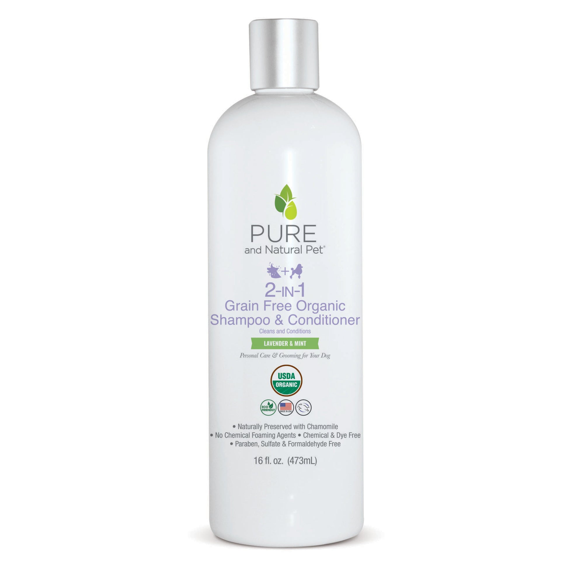 16oz white bottle of Purrfect Pet Kingdom Organic Lavender Mint 2-in-1 Dog Shampoo & Conditioner with a silver cap.