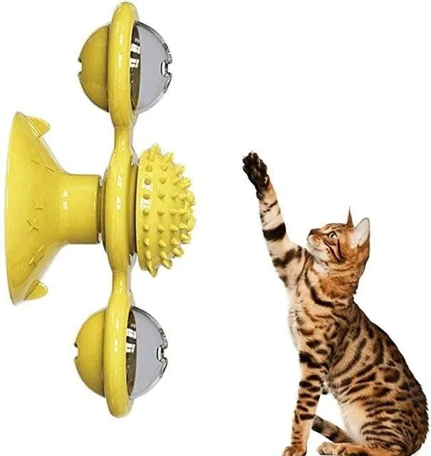 Interactive Cat Toy Windmill Set by Stevvex in yellow, featuring a portable scratch brush and suction cup for grooming and...