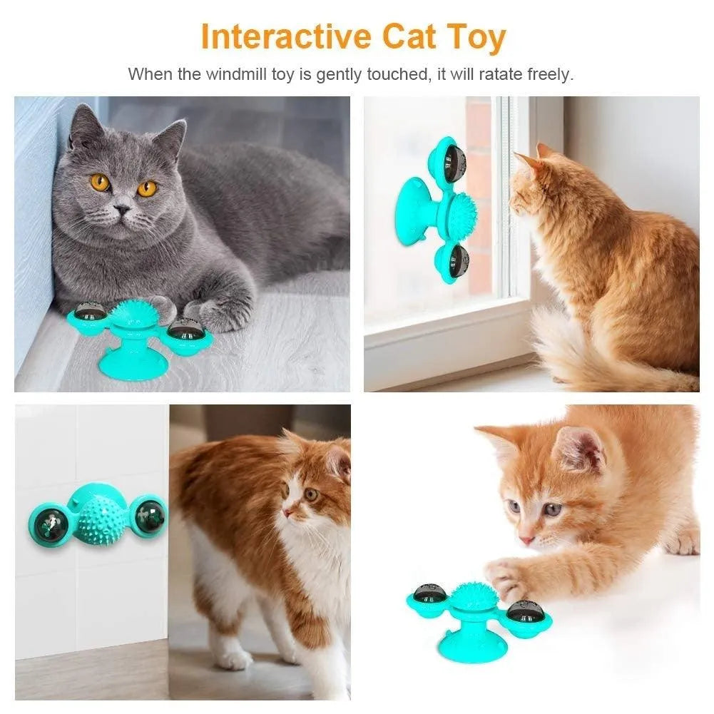 Interactive Cat Toy Windmill Set by Stevvex in yellow, featuring a portable scratch brush and suction cup for grooming and...