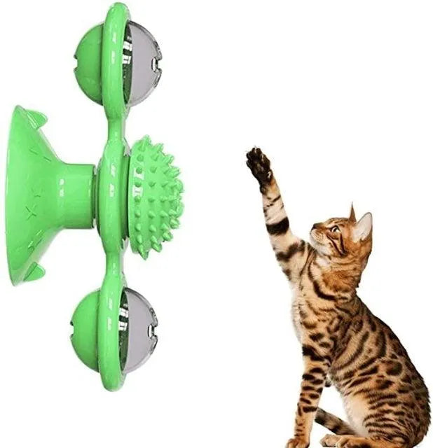 Stevvex 2 PCS Interactive Cat Toy Windmill in yellow, featuring a portable scratching brush and suction cup for grooming a...