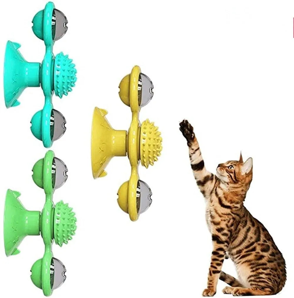Stevvex 2 PCS Set Interactive Cat Toy Windmill in yellow, featuring a portable scratching brush and suction cup for cat gr...