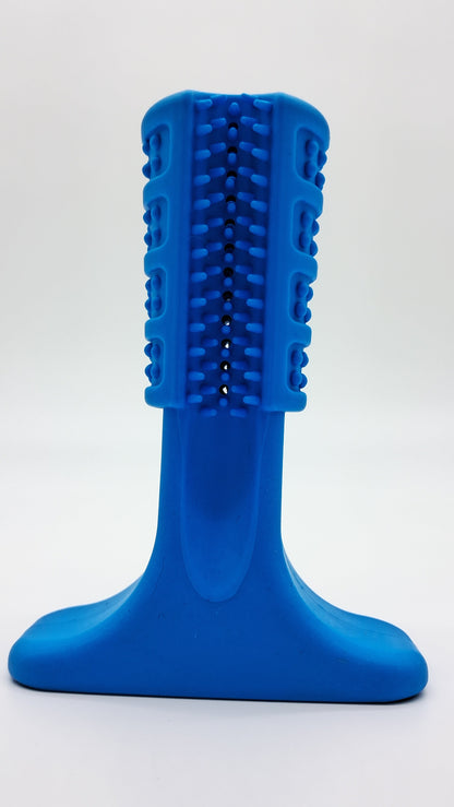 Blue rubber dog chew toy 'The Grinder' by Toys N Treats Box featuring textured dental nubs and a sturdy wide base.