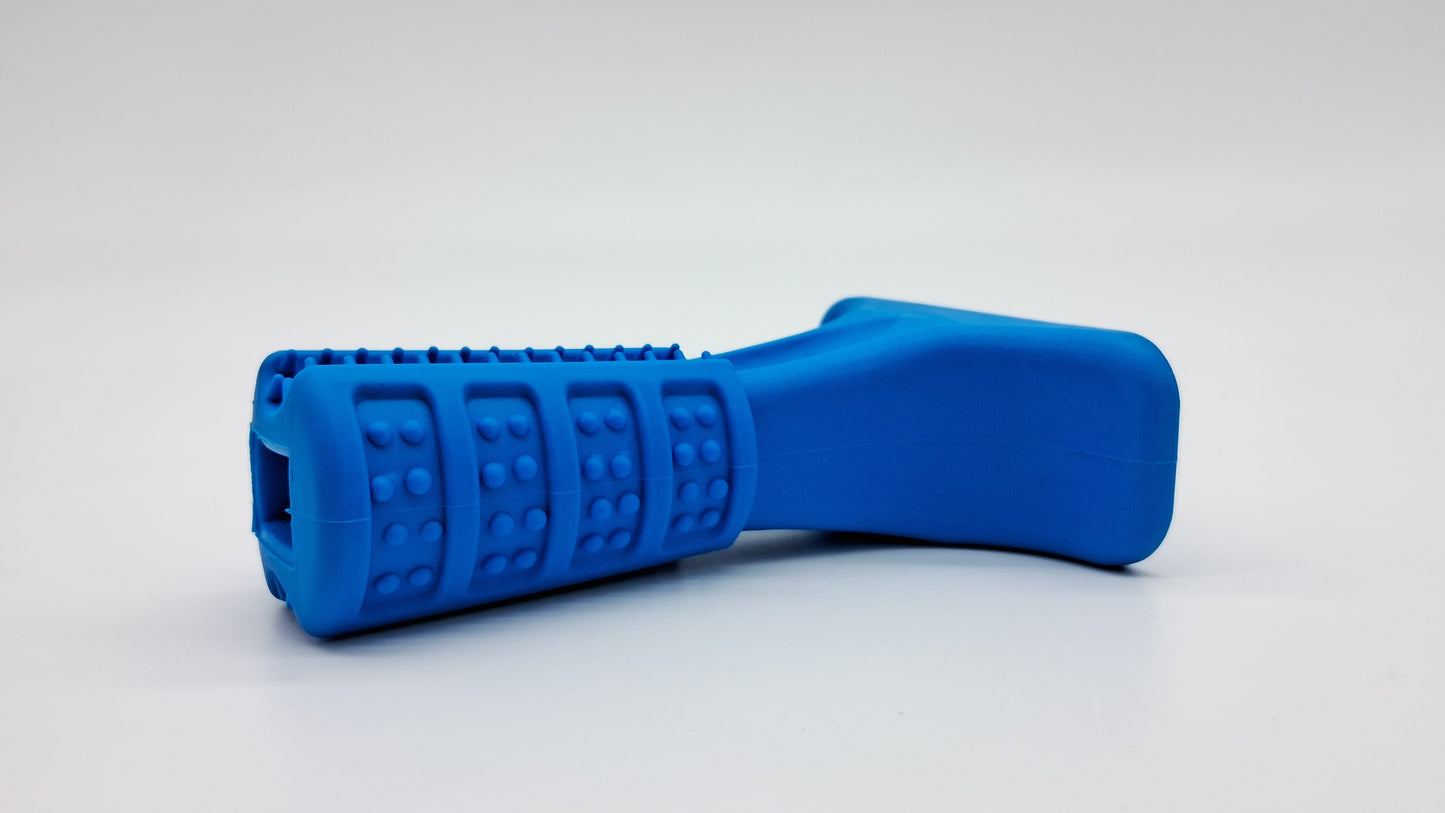 The Grinder: A durable blue rubber dog chew toy by Toys N Treats Box featuring a studded texture and smooth handle.