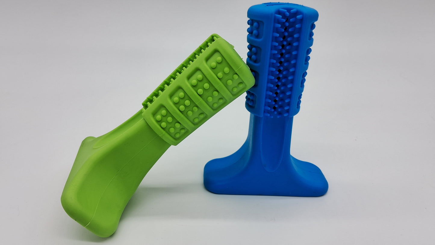 Green and blue rubber The Grinder dog toys from Toys N Treats Box featuring textured dental bristles and nubs.