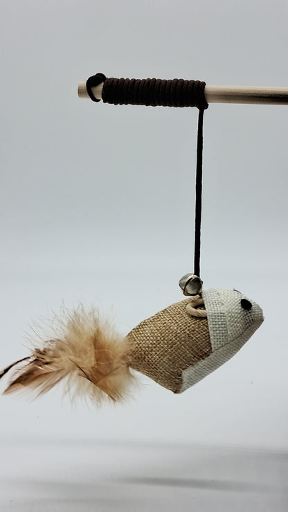 Toys N Treats Box wooden teaser wand with a burlap mouse toy, brown feathers, and a silver jingle bell.