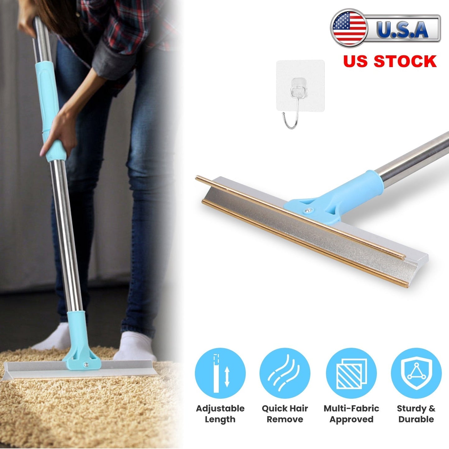 Pet Hair Removal Rake With 54.33in Adjustable Telescopic Rod