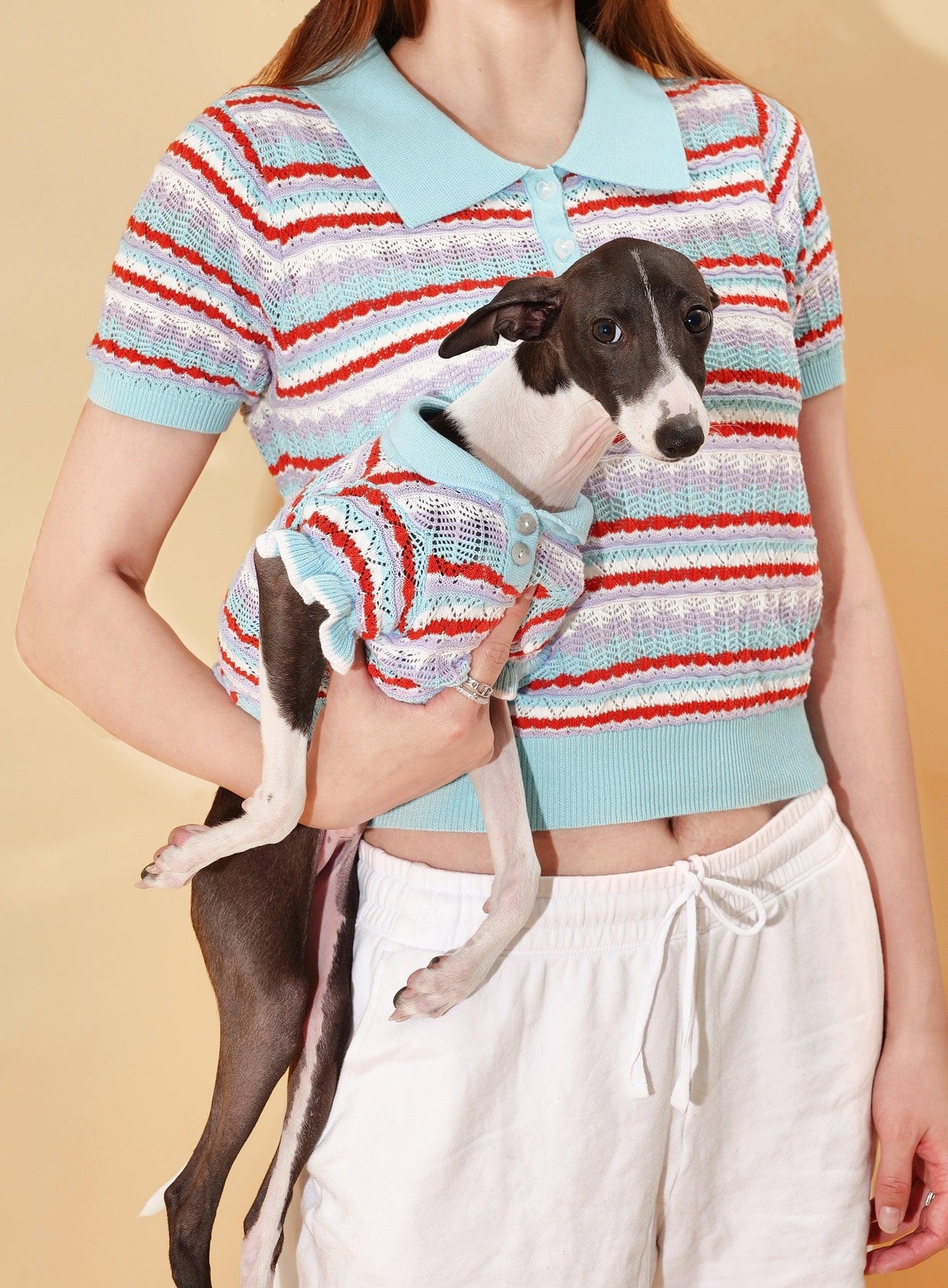 Pet & Me Spring Summer Ocean Blue Ruffle Crochet Short Sleeve Polo Shirt - Dog Bandana - BarkBarkBaby