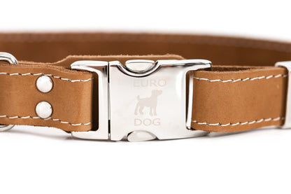 Purrfect Pet Kingdom Pro Line Quick-Release Khaki Leather Dog Collar with Metal B (M 3/4" Wide 12"-18" Range) - Premium Dog Collars > Leather Dog Collars > Quality Leather Dog Collars