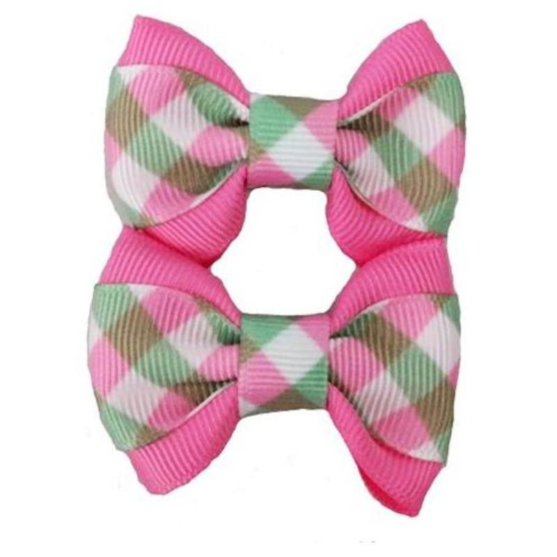 Pink/Green Gingham on Pink Hair Dog Bows - 2pcs