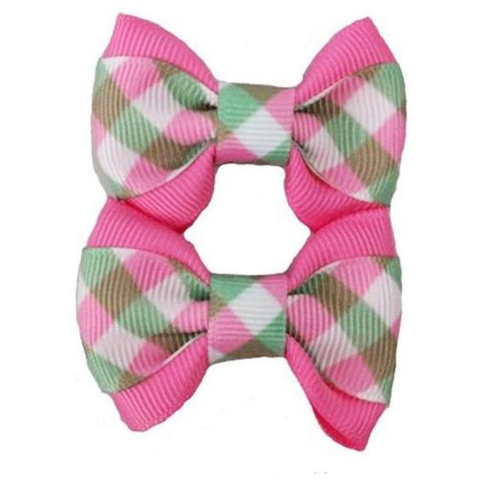 Pink/Green Gingham on Pink Hair Dog Bows - 2pcs