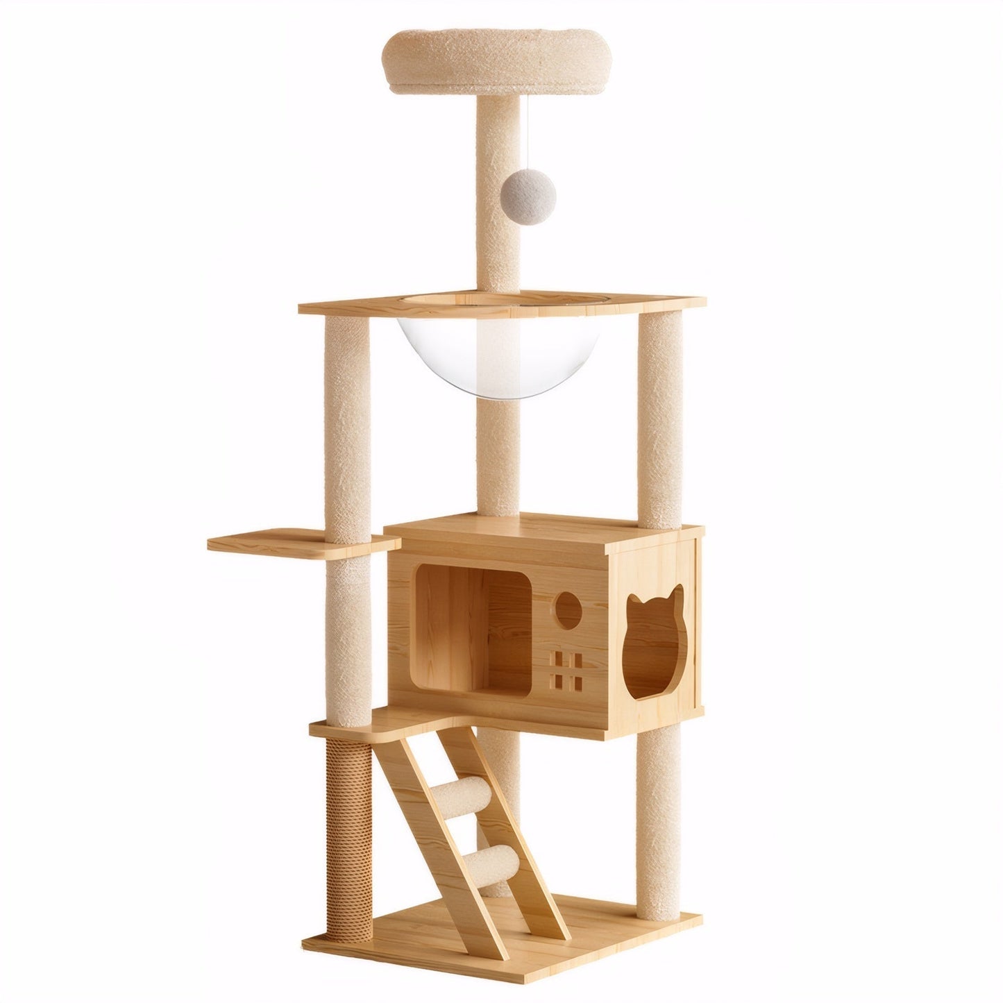 HouseOfZazla 48.8" wooden cat tower with clear bowl hammock, condo, ladder, and plush top perch. Light wood finish.