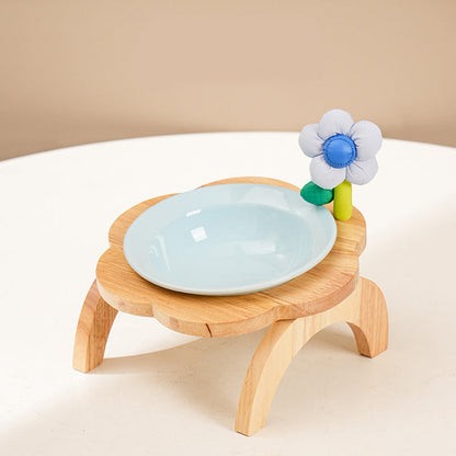 Cat Food Bowl With Wood Holder Stand Flower Shaped Ceramic F