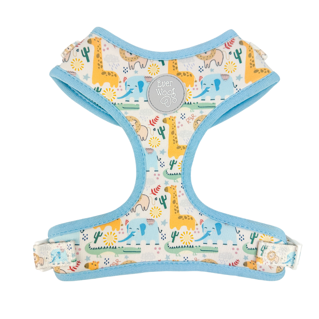 Boho Baby Adjustable Neoprene Dog Harness for Daily Comfort by Purrfect Pet Kingdom featuring a blue safari animal print.
