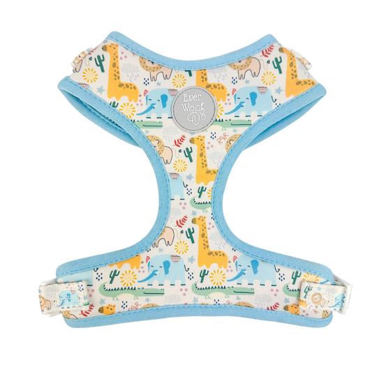 Boho Baby Adjustable Neoprene Dog Harness for Daily Comfort by Purrfect Pet Kingdom featuring a blue safari animal print.