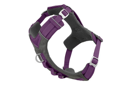 Purple and gray Journey Air dog harness featuring reflective trim, breathable mesh padding, and metal buckles.