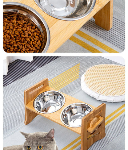 Pet Cat Food Double Bowl Bracket Stainless Steel Dining