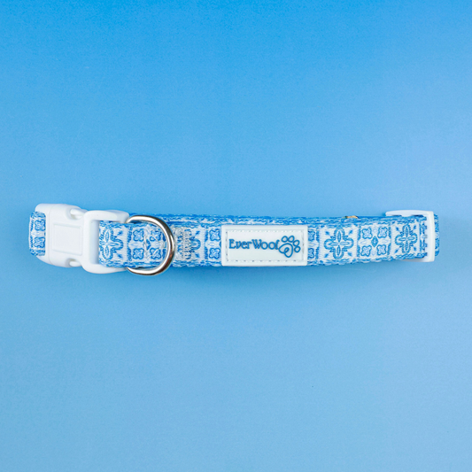 Santorini Neoprene Padded Dog Collar. Blue and white tile pattern with white plastic buckle and silver D-ring.