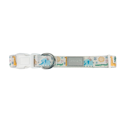 Boho Baby Neoprene Padded Dog Collar Adjustable Dog Accessory. White collar with blue elephant and giraffe print.