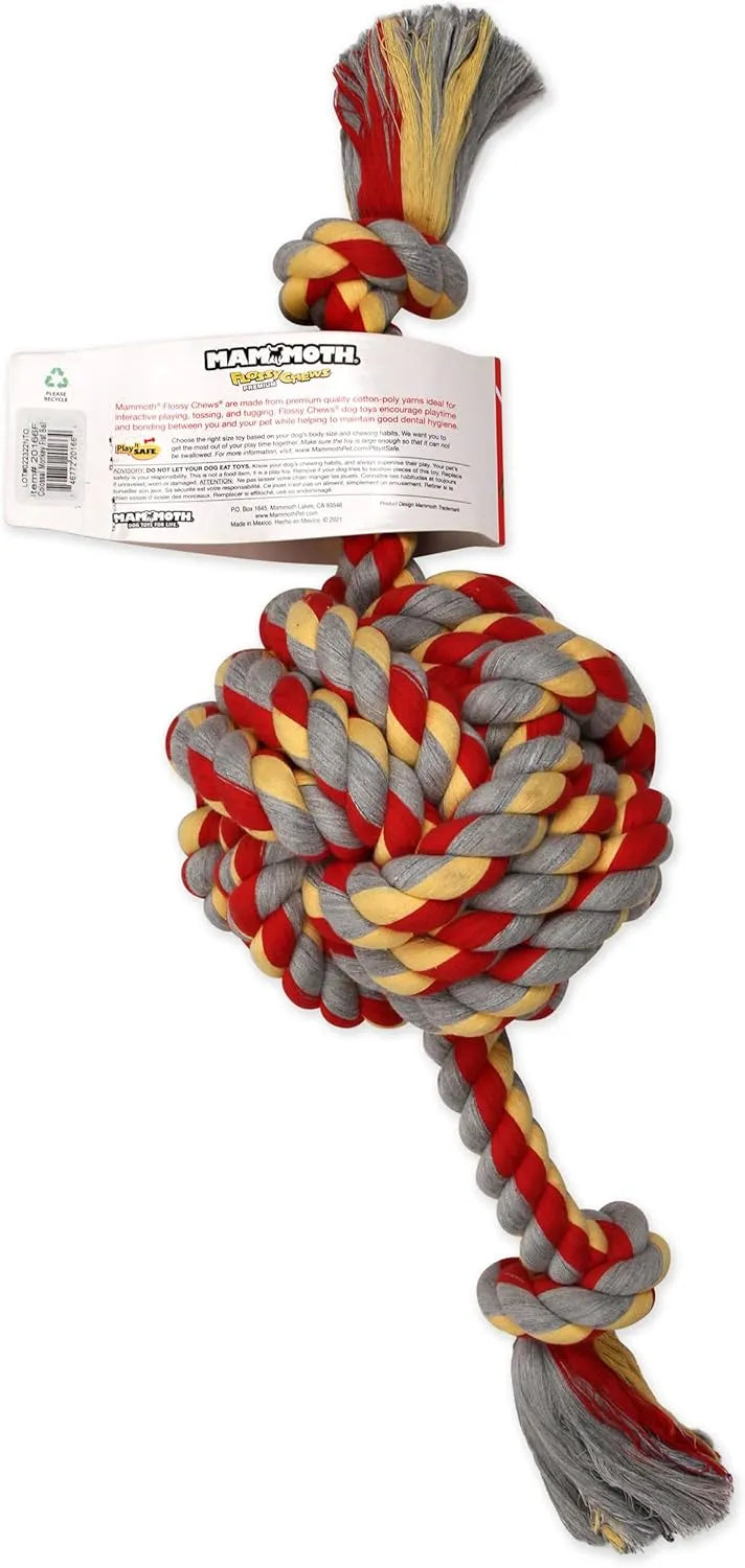 25in Mammoth Flossy Chews Monkey Fist Ball in vibrant colors by The Family Pet, perfect treat for playful dogs.
