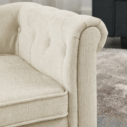 Purrfect Pet Kingdom beige orthopedic dog sofa bed with tufted back, rolled arms, and thick textured fabric.