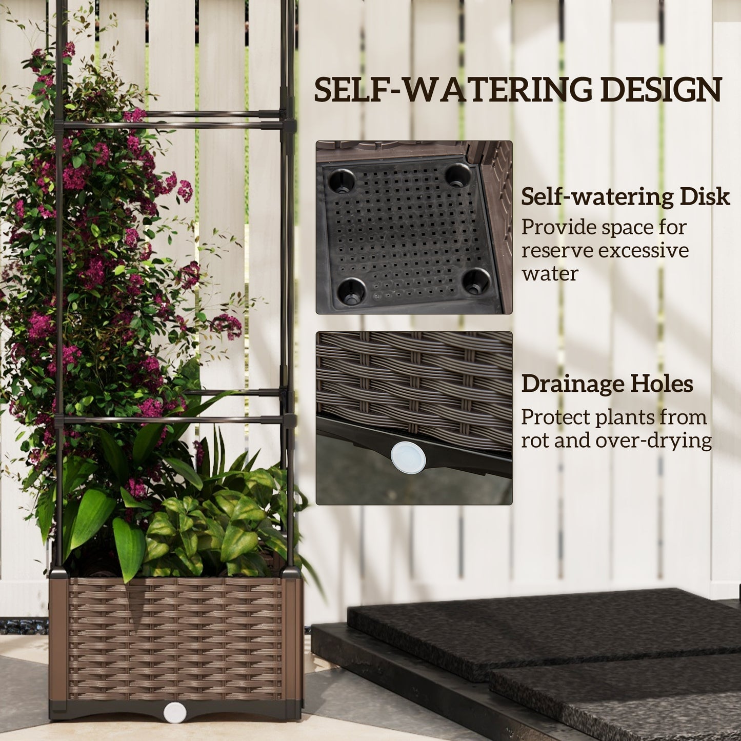 Self-Watering Elevated Garden Bed with Trellis - Brown