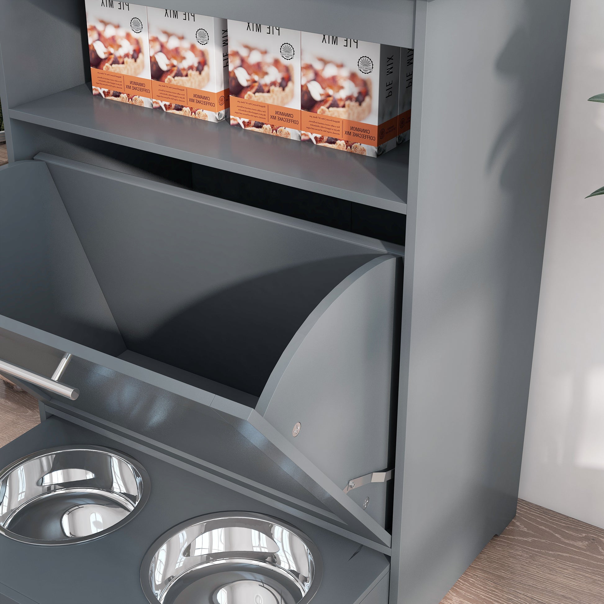 Grey wooden pet feeder station with tilt-out food bin and pull-out drawer with two stainless steel bowls.