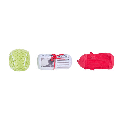 Dog's Best Friends Miniz Tennis Ball, Fire Hydrant, Newspaper Plush Dog Toy Set - 3 Pack
