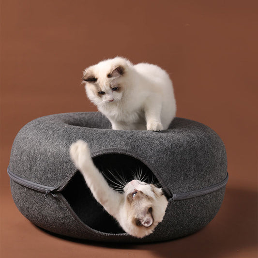 Four Seasons Woolen Felt Cat Tunnel Bed Interactive Toy Grey