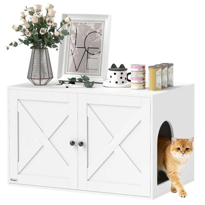 White wooden cat litter enclosure with barn doors, side entry hole, and a ginger cat walking out.