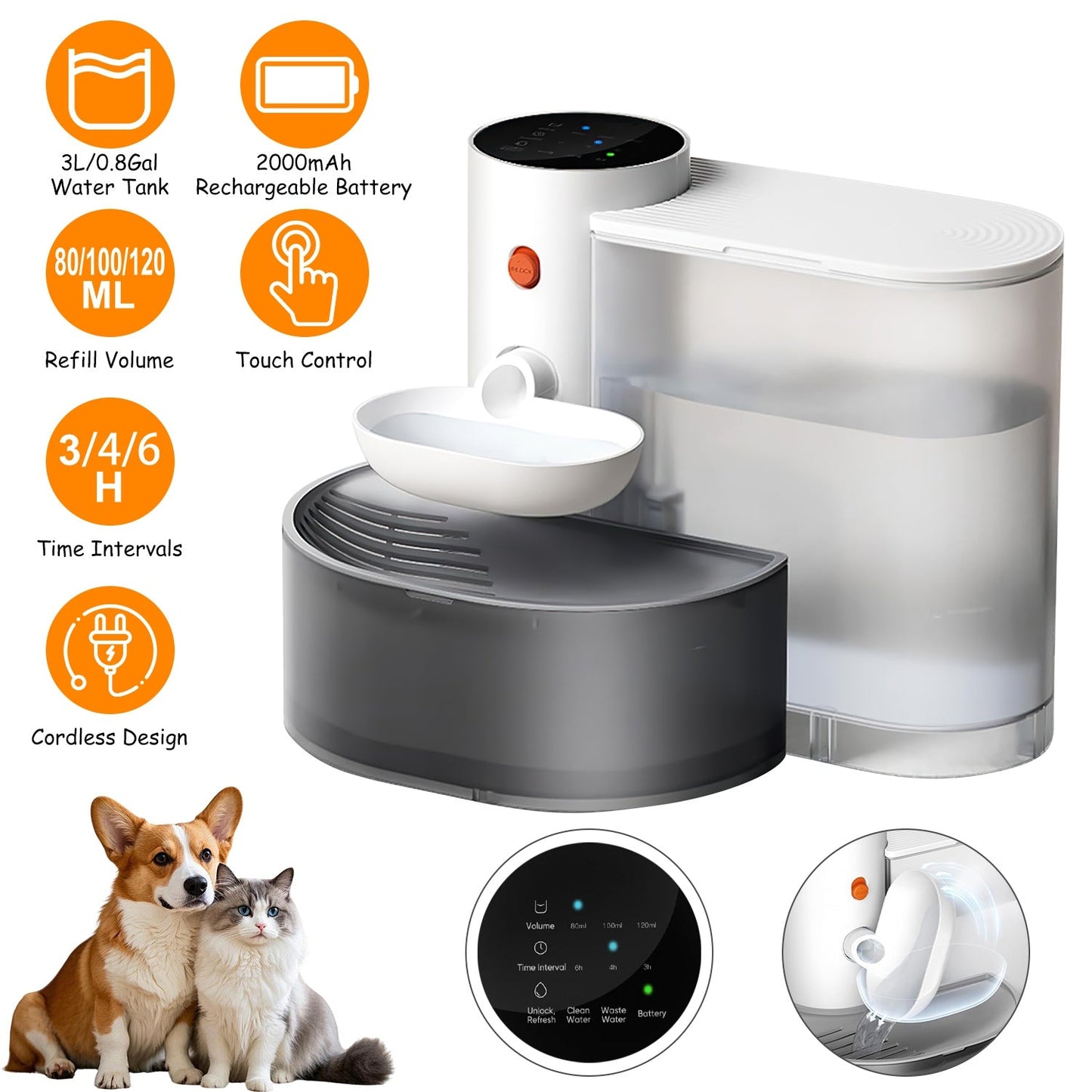 GBruno 3L Cordless Pet Water Fountain with Timer