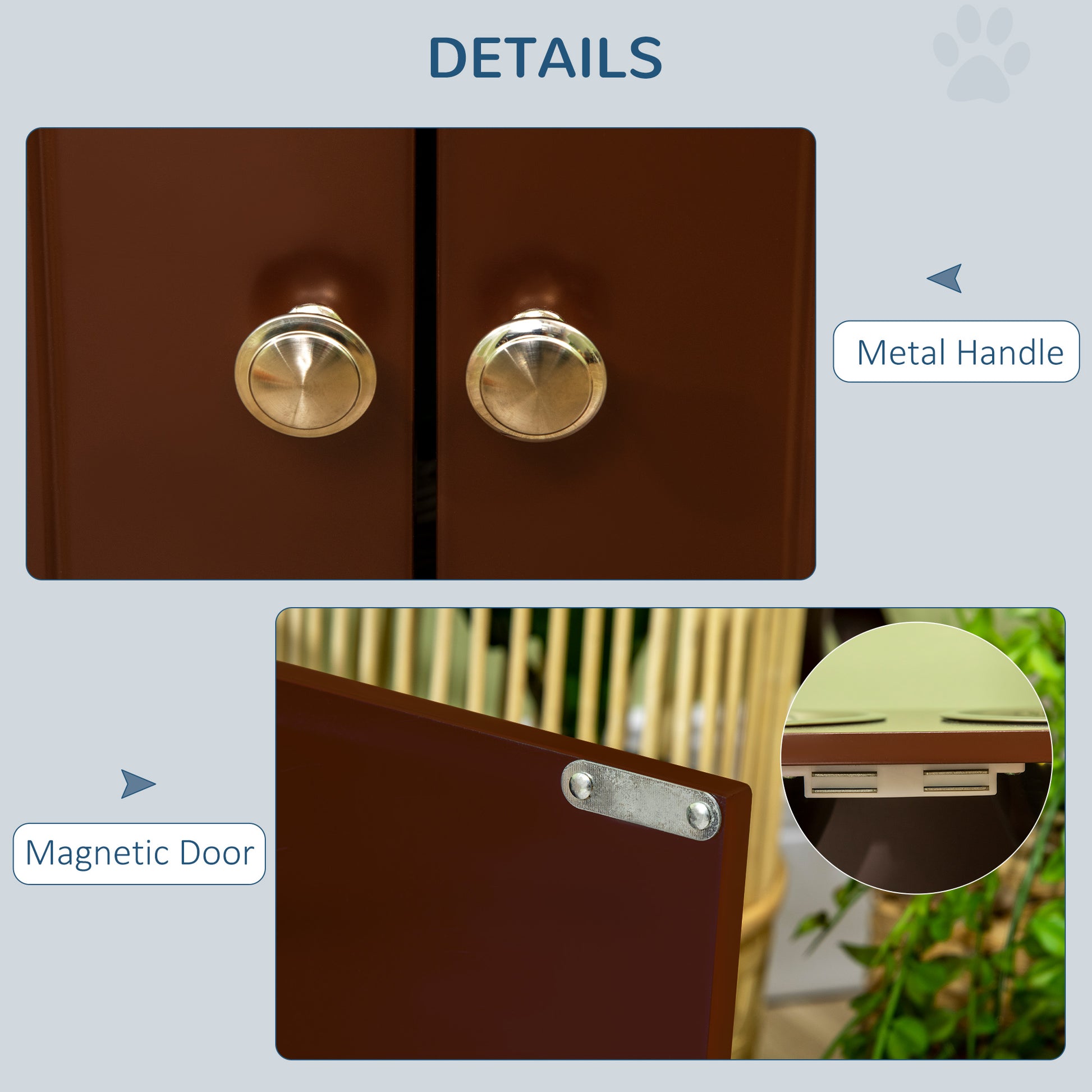 Details of brown elevated dog bowl cabinet showing round metal handles and magnetic door latch.