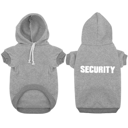 Grey fleece dog hoodie with white SECURITY printed on back, drawstring hood, and ribbed trim. Front and back views.