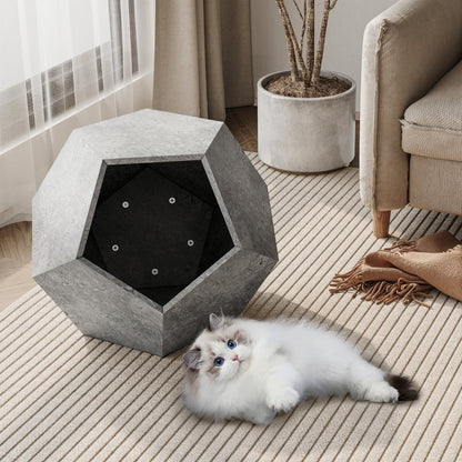 Modern gray MDF geometric cat litter box enclosure side table by V.I.P Digital Presence with a white cat.