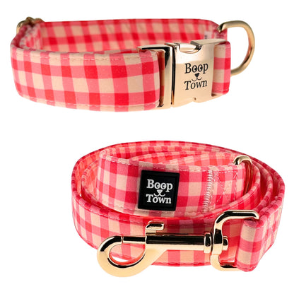 Dog Collar Leash Set Pink Checker Pattern 5.5 Oz 🩷