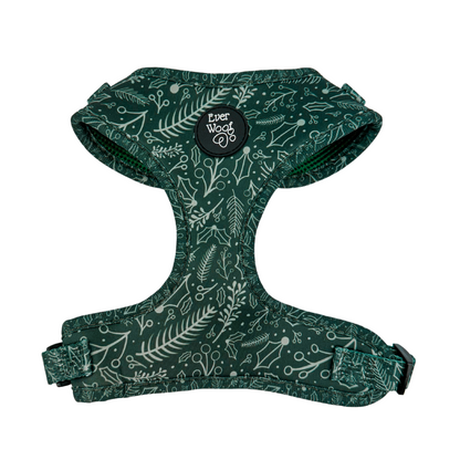 Evergreen Dream Adjustable Neoprene Dog Harness Comfort Fit: dark green botanical leaf print on soft padded neoprene.