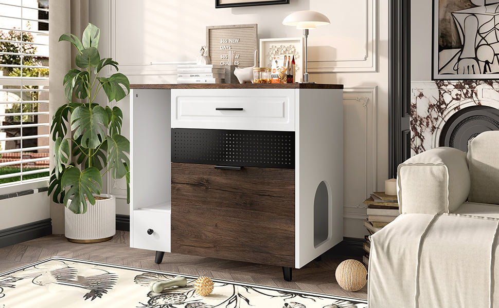 Cat Litter Box Enclosure, Indoor Hidden Cat Litter Box Furniture with 2 Drawers and Door, Cat House End Table for Living room, White and Brown