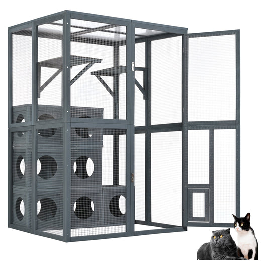Grey Pine Wood Outdoor Cat House with Shelves and Weather