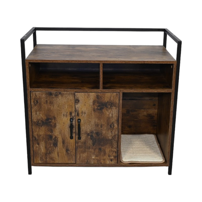 Rustic Brown Wooden Cat Litter Box Enclosure, Spacious Hidden Cat