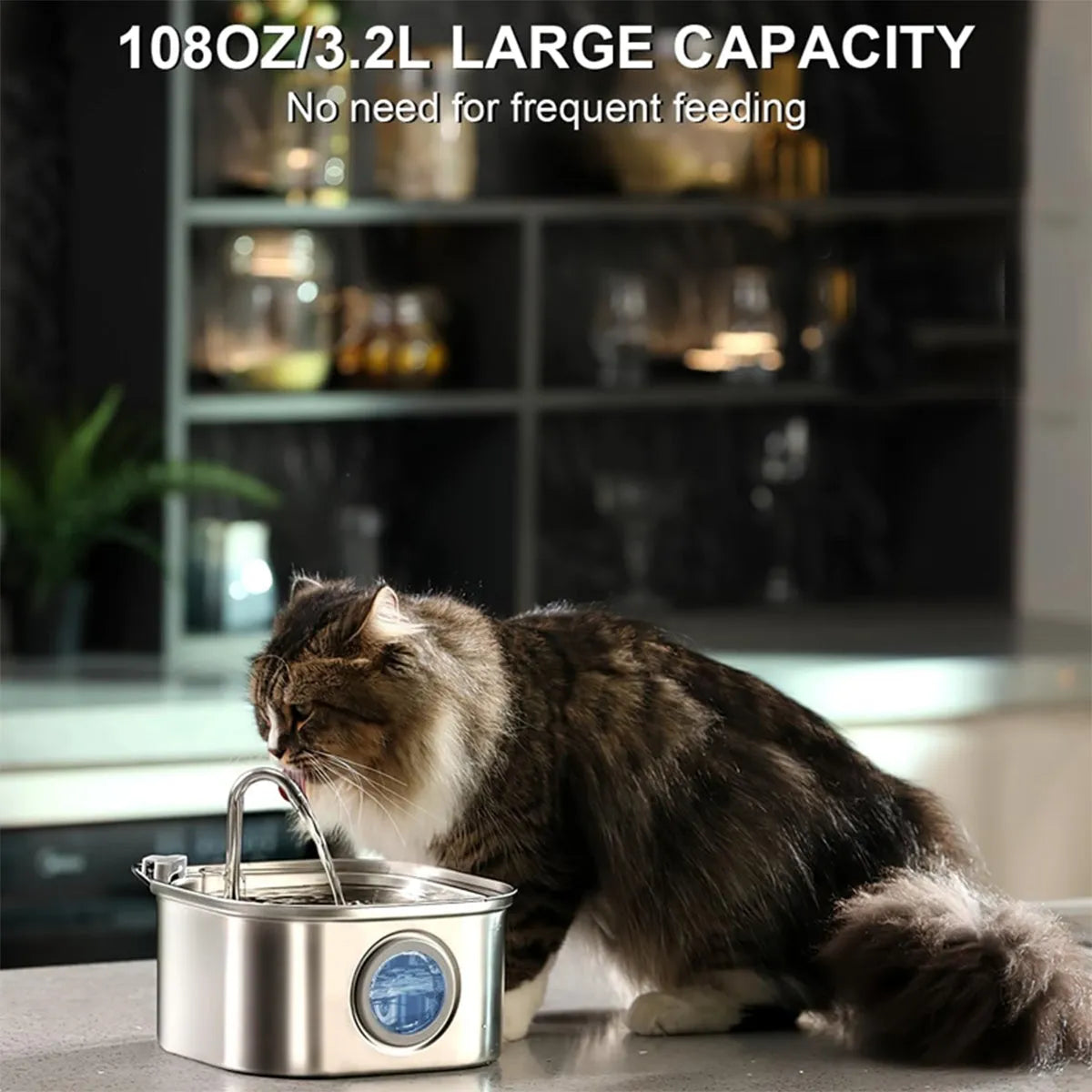 3.2L stainless steel automatic cat water fountain by Purrfect Pet Kingdom, 108oz tank, sleek design, perfect for hydration.
