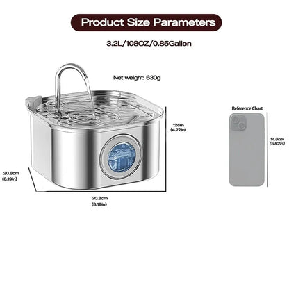 3.2L stainless steel automatic cat water fountain by Purrfect Pet Kingdom, 108oz tank, sleek design, perfect for hydration.
