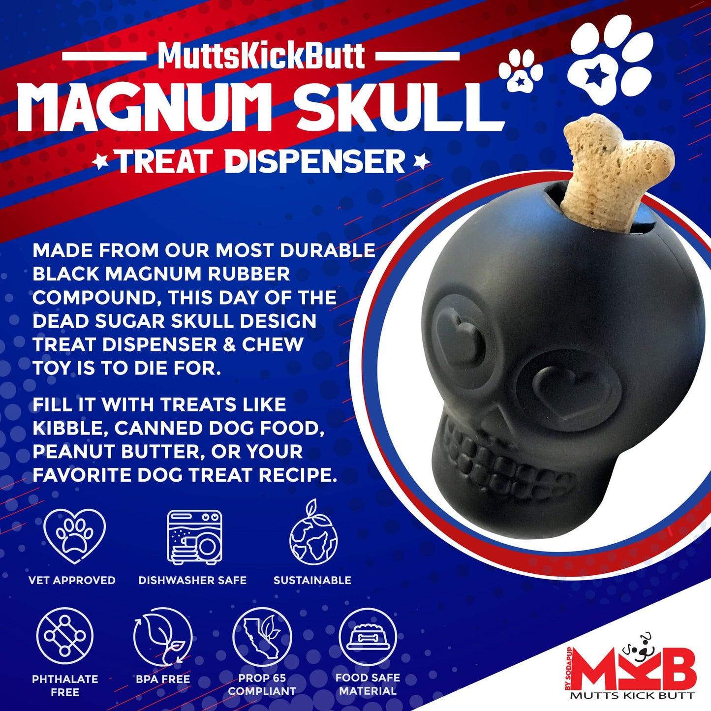 Magnum Sugar Skull Dog Chew Toy & Treat Dispenser - USA Made |