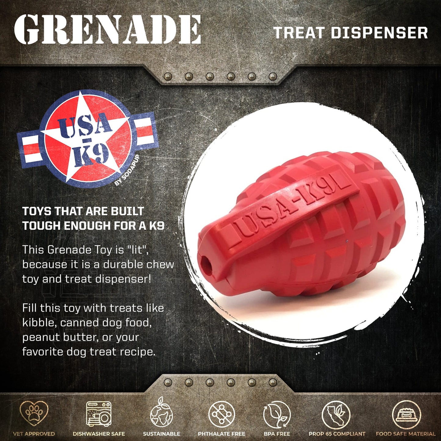 USA-K9 Grenade Shaped eDispenser Durable Dog Chew Toy & Treat