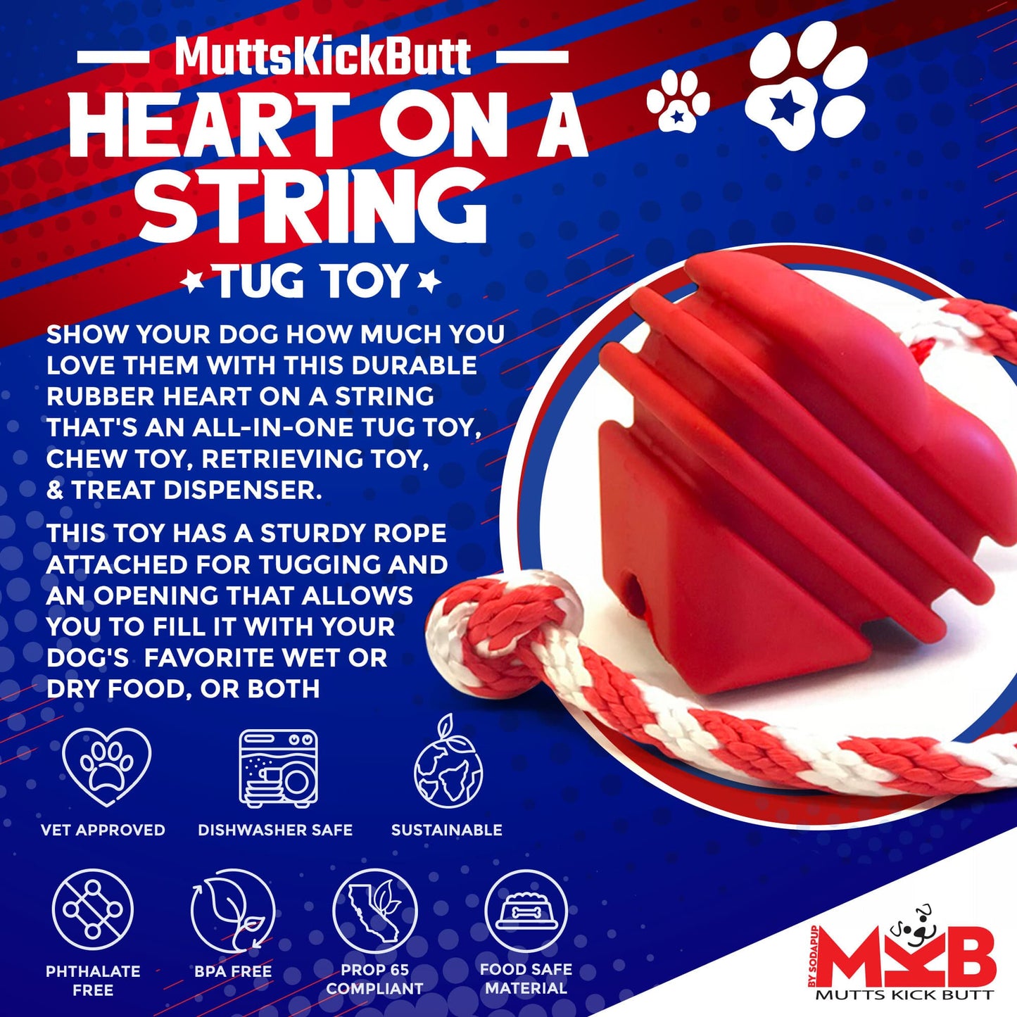 Heart on a String Dog Toy - Durable Rubber Tug Toy for Large Dogs