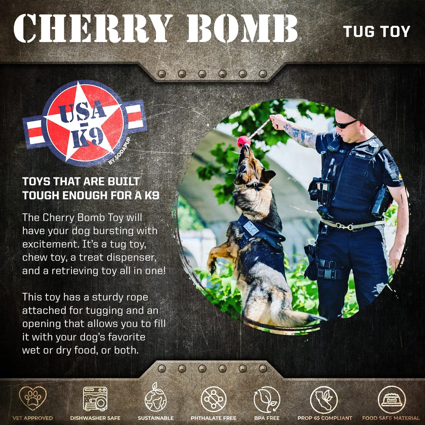 USA-K9 Cherry Bomb Rubber Dog Chew Toy | K9 Handler Reward Toy