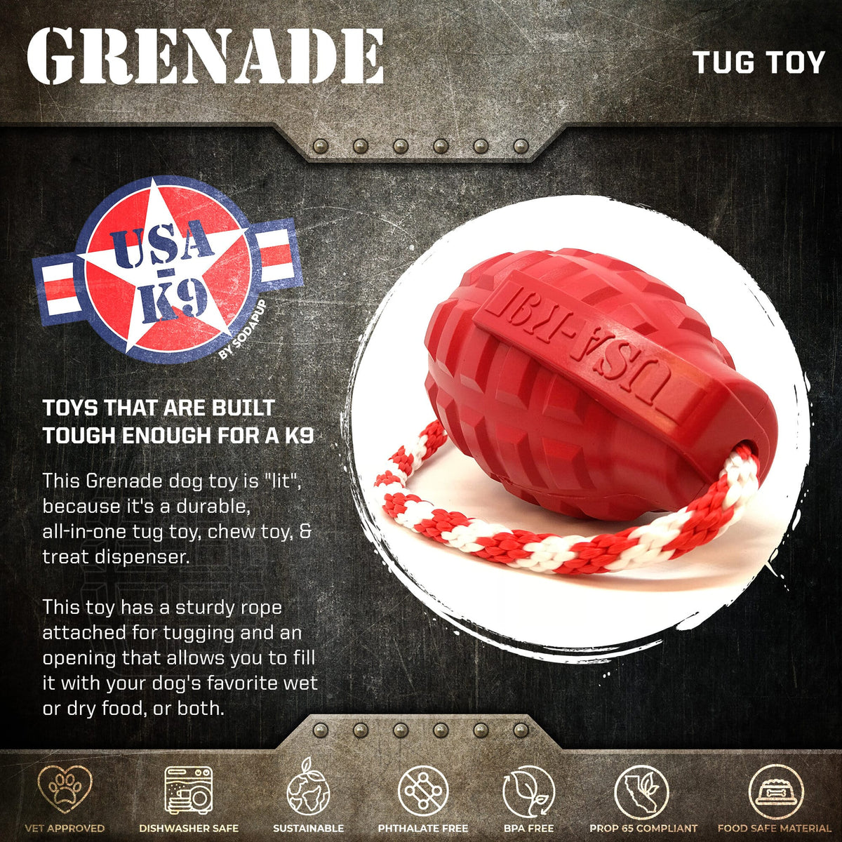 USA K9 Grenade Shaped Rubber Dog Toy Chew Treat Disp 41189 - close up view