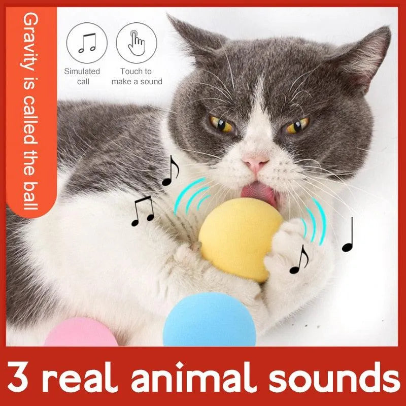 Interactive Stevvex 3 Colors Cat Toys Gravity Ball in pink, blue, and yellow for pet training and playtime, 17.99 each.