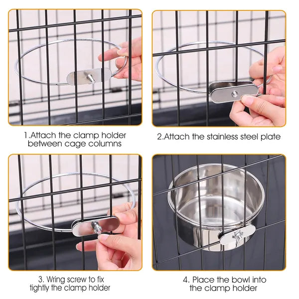4-step guide: silver Purrfect Pet Kingdom stainless steel bowl installs on black wire crate with clamp and screw.