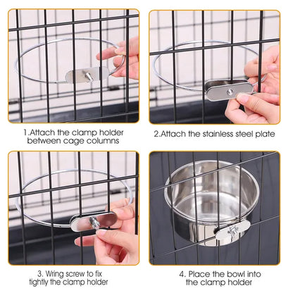 4-step guide: silver Purrfect Pet Kingdom stainless steel bowl installs on black wire crate with clamp and screw.